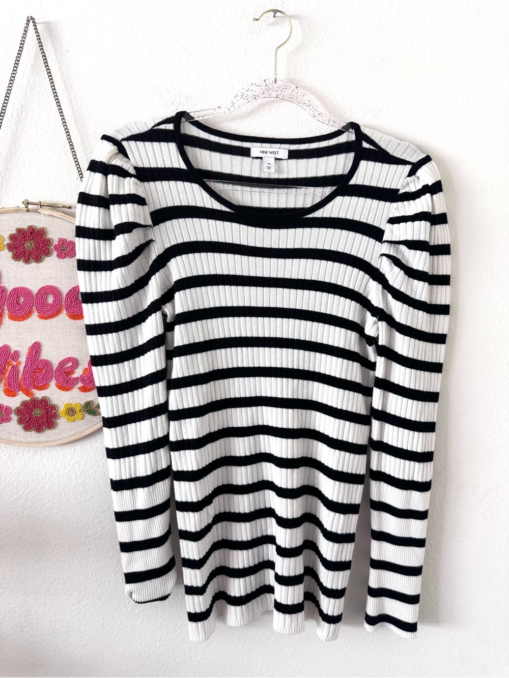 NWOT Nine West Black & White Striped Ribbed Sweater with puffy sleeves
